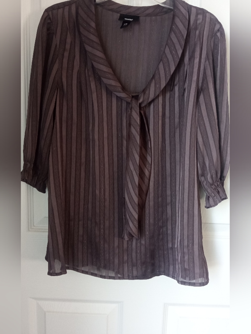Sheer Brown Striped Tie-Neck Blouse - Lightweight Women's Top